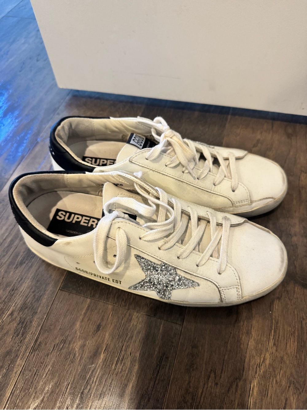 Golden Goose Womens White Sneakers with Silver Glitter Star